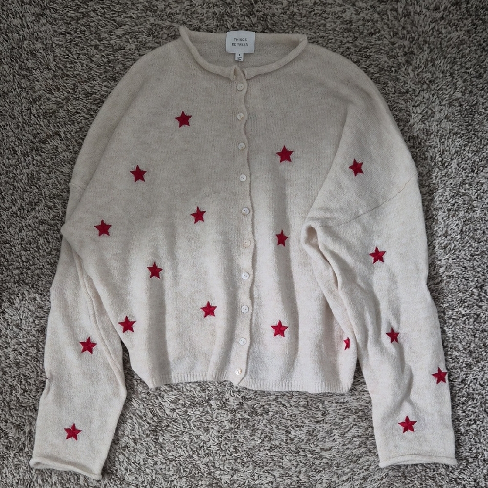 Things Between Cream Cardigan with Red Embroidered Stars